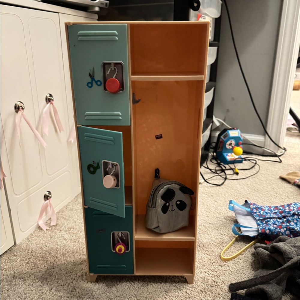 Kids Locker-Style Storage Cabinet with Teal and Orange